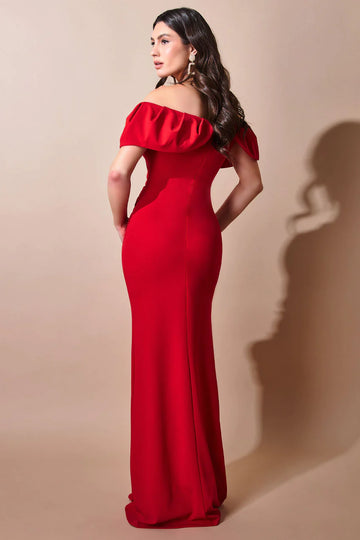 Scuba Crepe Pleated Bardot Maxi Goddiva